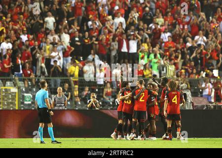 Bruxelles, Belgique. 12 septembre 2023. Les joueurs de Belgique célèbrent les points lors du match de qualification du Championnat d'Europe 2024 entre la Belgique et l'Estonie à Bruxelles, Belgique, le 12 septembre 2023. Crédit : Zhao Dingzhe/Xinhua/Alamy Live News Banque D'Images