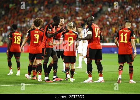 Bruxelles, Belgique. 12 septembre 2023. Les joueurs de Belgique célèbrent les points lors du match de qualification du Championnat d'Europe 2024 entre la Belgique et l'Estonie à Bruxelles, Belgique, le 12 septembre 2023. Crédit : Zhao Dingzhe/Xinhua/Alamy Live News Banque D'Images