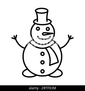 Noir et blanc petite icône linéaire simple d'un beau bonhomme de neige festif de Noël du nouvel an avec un cylindre sur la tête et dans un foulard sur un dos blanc Illustration de Vecteur