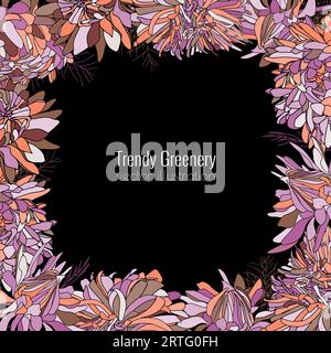 Vector frontière de fleur dessinée à la main d'asters, marguerites, feuilles vertes, couronne botanique Illustration de Vecteur