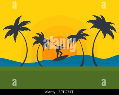 Surfez sur les vagues avec pour toile de fond le coucher du soleil. Paysage tropical avec des palmiers sur l'océan, un surfeur sur une planche de surf survole les vagues au coucher du soleil Illustration de Vecteur