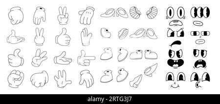 Ensemble de visages comiques, pieds et mains dans le style de bande dessinée rétro tendance des années 70. Mascotte groovy pied, bras, émotions. Illustration isolée. Illustration de Vecteur