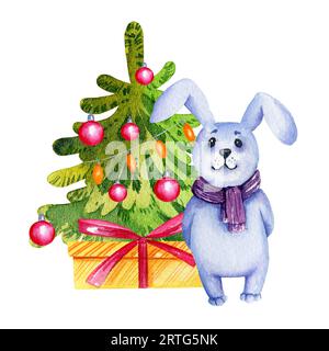 Composition aquarelle de thème de noël avec un arbre de Noël et des cadeaux et un lapin drôle de bande dessinée, illustration d'hiver, croquis dessiné à la main isolé sur Banque D'Images