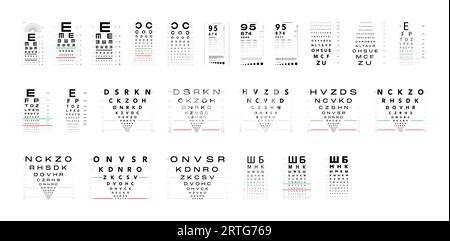 Jeu de tableaux de test oculaire illustration médicale. Contour de style d'esquisse de vecteur de ligne isolé sur fond blanc. Tableau de test de vision optométriste ophtalmique pour l'examen visuel, Vérification des lunettes optiques Illustration de Vecteur