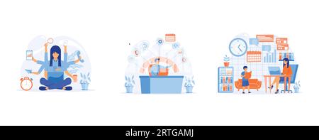 Multitâche.gestion du temps. productivité, travail à domicile et carrière en affaires. Personne surchargée en pression. définir l'illustration moderne vectorielle plate Illustration de Vecteur