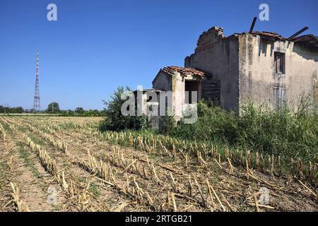 Maison de campagne abandonnée entourée de plantes dans un champ de maïs fauché avec une antenne radio au loin sur une journée ensoleillée dans la campagne italienne Banque D'Images