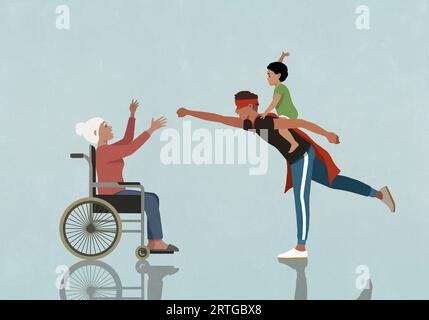 Heureuse femme âgée en fauteuil roulant acclamant, regardant son fils et son petit-fils jouer Banque D'Images