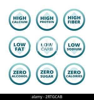 Marqueurs riches en calcium, fibres et protéines. Ensemble de marqueurs vectoriels à faible teneur en matières grasses, sans sucre et à faible teneur en sodium. Illustration de Vecteur