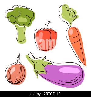 Ensemble de légumes dessinés à la main. Collection de croquis de légumes dans le style d'art de ligne. Aubergine, poivre, oignon, brocoli, carotte. Illustration vectorielle isolée Illustration de Vecteur