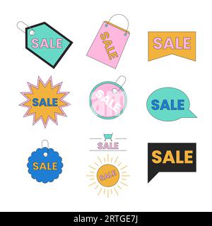 Promotions spéciales paquet d'autocollants marketing de dessin animé linéaire 2D. Illustration de Vecteur