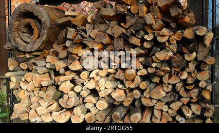 un tas de bois minces bûches se trouvant inégalement sous la lumière naturelle du soleil, un endroit pour stocker du bois de chauffage dans une cour rustique ou une grange paysanne, une pile inégale de bûches Banque D'Images