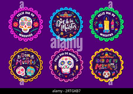 Dia de Los Muertos étiquettes d'autocollants de vacances mexicaines et balises vectorielles avec des crânes de calavera. Sombrero mexicain, maracas et piment avec des bougies dans des cadres picado papel pour stickers Dia de Los Muertos Illustration de Vecteur