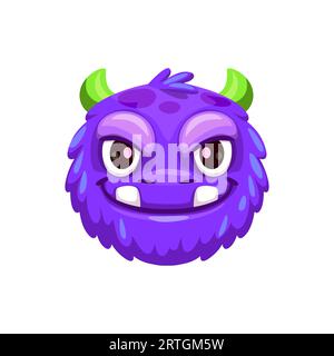 Emoji monstre de dessin animé halloween. Vecteur isolé émoticône de visage drôle de créature avec des yeux sauvages, crocs, fourrure violette, cornes vertes et sourire sinistre, incarne le plaisir effrayant pour les expressions numériques festives Illustration de Vecteur