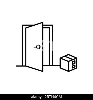 Livraison sans contact. Icône linéaire de la porte avant et de la boîte d'emballage. Illustration noire des achats en ligne, acheter de la nourriture et des choses avec courrier à domicile delivo Illustration de Vecteur
