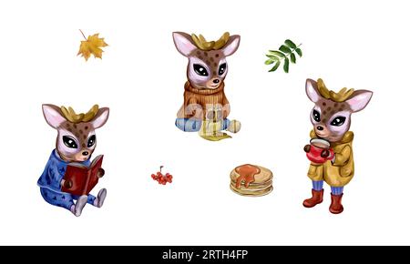 Faons de dessin animé dans des vêtements, sertis de feuilles. Illustration vectorielle pour le confort d'automne. Cartes de vœux, invitations, bannières saisonnières, dépliants. Illustration de Vecteur