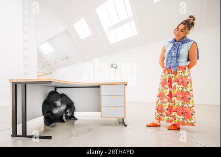 Londres, Royaume-Uni. 13 septembre 2023. Somnolé sous un bureau se trouve un gorille femelle animatronique grandeur nature - une partie de Ryan Gander JEU DE MOTS TO! Une nouvelle exposition de vente à la Galerie Lisson, qui se déroule du 14 septembre au 28 octobre 2023. Il explore la relation entre notre passé évolutif et la façon dont nous vivons aujourd’hui dans des sociétés mues par la croissance capitaliste, la vitesse et le progrès. Le gorille est décrit comme «apparemment timide, elle affiche un désir d'apprendre, utilisant les doigts pour noter / compter les unités. Le but de son acte d'enregistrement, qu'il s'agisse d'unités de temps, de monnaie ou d'une accumulation ou d'une baisse d'un Banque D'Images