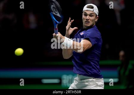 Jack Draper de Grande-Bretagne en action contre l'australien Thanasi Kokkinakis lors du match de la phase de groupes de la coupe Davis à l'AO Arena, Manchester. Date de la photo : mercredi 13 septembre 2023. Banque D'Images