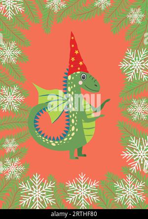 Carte de Noël avec joli dragon vert. Année du Dragon 2024, Chine. Illustration de Vecteur