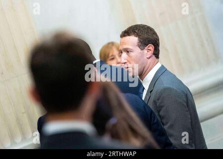 Washington, États-Unis. 13 septembre 2023. Mark Zuckerberg, PDG de Meta, arrive pour un forum sur l’intelligence artificielle (IA) du Sénat au Capitole des États-Unis à Washington, DC, le mercredi 13 septembre 2023. Photo Bonnie Cash/UPI crédit : UPI/Alamy Live News Banque D'Images