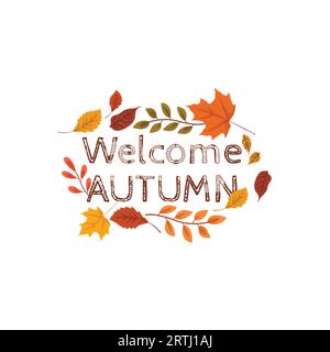 Flat Design Bienvenue Autumn Leaves Background. Illustration vectorielle des feuilles d'automne avec la typographie d'automne bienvenue Illustration de Vecteur