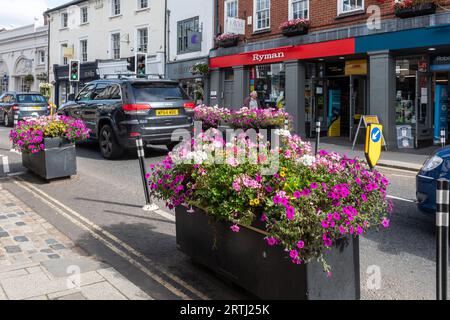 Schéma d'apaisement de la circulation, planteurs remplis de fleurs placés dans la route pour la rétrécir et ralentir la circulation, centre-ville de Farnham, Surrey, Angleterre, Royaume-Uni Banque D'Images