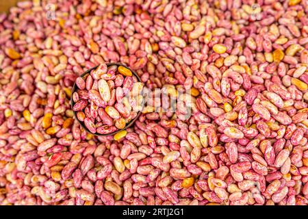 Haricots rouges en boîte de conserve au marché biologique local Banque D'Images