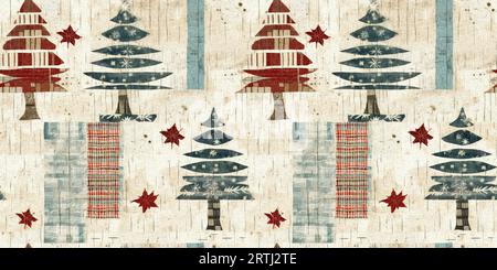 Chalet de noël rustique avec effet de tissu de couture à la main primitive. bordure. Garniture de ruban homespun chic et nostalgique douillet avec americana Banque D'Images