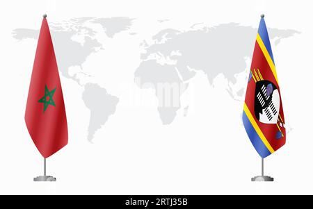 Maroc et Royaume d'eSwatini - Swaziland drapeaux pour réunion officielle sur fond de carte du monde. Illustration de Vecteur