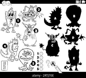 Illustration de dessin animé en noir et blanc de trouver les bonnes ombres aux images jeu éducatif pour les enfants avec des personnages de monstres drôles colorin Illustration de Vecteur
