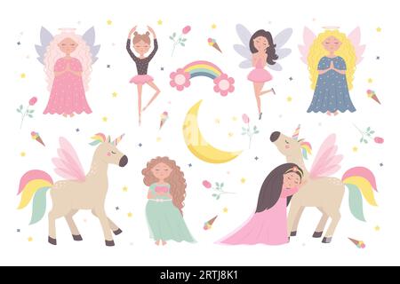 Ballerine mignonne fées et anges dans le style naïf enfant, licorne et princesse set vecteur de personnages de dessin animé illustration isolée Illustration de Vecteur