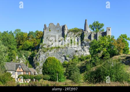 Château de Montaigle en été, château médiéval en ruine du 14e siècle à Falaën, Onhaye, province de Namur, Wallonie, Ardennes belges, Belgique Banque D'Images