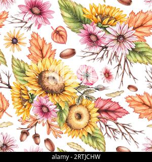 Motif d'automne aquarelle. Bouquets de fleurs d'automne dessinés à la main sur un motif. Modèle avec tournesols d'automne pour les articles de vacances et de festival. Pat. Sans couture Banque D'Images