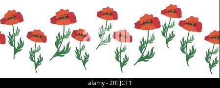 Motif sans couture d'été avec des fleurs de coquelicot rouge vif et des gousses de coquelicot. Guirlande, bordure florale. Illustration de Vecteur