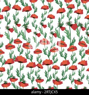 Motif sans couture d'été avec des fleurs de coquelicot rouge vif et des gousses de coquelicot. Champ, prairie de coquelicots. Illustration de Vecteur