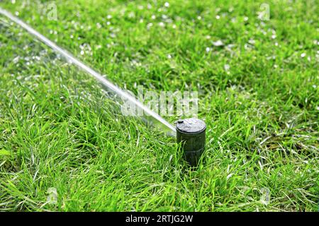 Dispositif d'arrosage automatique pulvérisant de l'eau sur une pelouse verte Banque D'Images