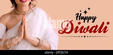 Longue bannière pour Happy Diwali avec femme indienne Banque D'Images