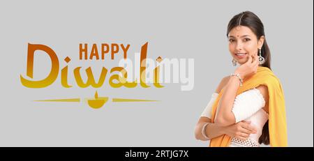 Longue bannière pour Happy Diwali avec femme indienne Banque D'Images