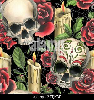 Crânes humains avec un ornement, roses rouges, bougies et toiles d'araignée. Illustration aquarelle dessinée à la main pour Halloween, jour des morts, Dia de los muertos Banque D'Images