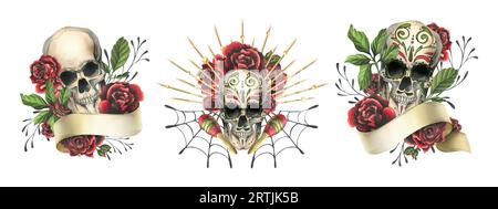 Crânes humains avec ornement dessiné à la main avec ruban pour texte, roses rouges. Illustration aquarelle dessinée à la main pour Halloween, jour des morts, Dia de los Banque D'Images