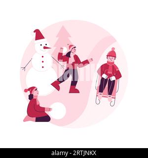 Hiver extérieur amusant résumé concept illustration vectorielle. Activités hivernales pour les enfants, s'amuser dans la neige, passer du temps en famille à l'extérieur, construire un bonhomme de neige, combat de boules de neige, métaphore abstraite de traîneau. Illustration de Vecteur