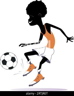 Jeune Africain souriant jouant au football. Joueur de football africain de dessin animé donne un coup de pied à un ballon Illustration de Vecteur