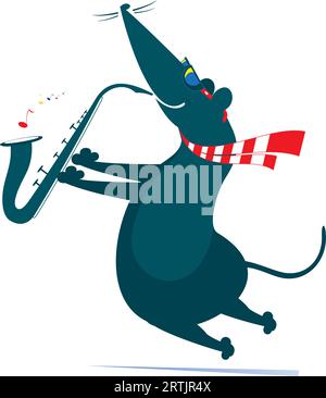 Rat ou souris de dessin animé jouant de la musique sur saxophone avec inspiration. Isolé sur fond blanc Illustration de Vecteur