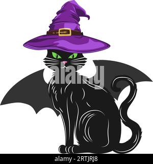 Un chat noir portant un chapeau de sorcière violet et des ailes. Animal mignon. Illustration vectorielle. Illustration de Vecteur
