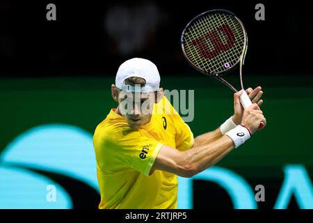 Manchester, Royaume-Uni. 13 septembre 2023. Alex de Minaur (AUS) en action lors du match de coupe Davis Grande-Bretagne vs Australie à Manchester AO Arena, Manchester, Royaume-Uni, le 13 septembre 2023 (photo de Conor Molloy/News Images) à Manchester, Royaume-Uni le 9/13/2023. (Photo de Conor Molloy/News Images/Sipa USA) crédit : SIPA USA/Alamy Live News Banque D'Images