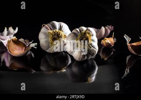 Goiania, Goias, Brésil – 24 mai 2023 : quelques têtes d’ail sur une surface noire brillante. Banque D'Images