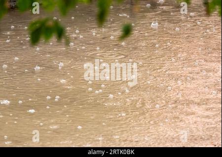 Grandes gouttes d'eau de la pluie d'une tempête estivale tombant sur la flaque d'eau formée dans le sable d'un parc Banque D'Images