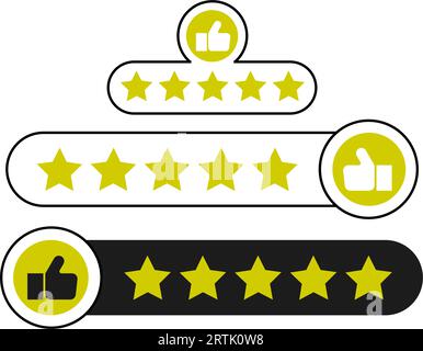 Jeu d'évaluations cinq étoiles avec icône pouce vers le haut. Rating stars met en évidence les commentaires positifs des clients pour un service de qualité. Note-nous bulle satisfaction des utilisateurs Illustration de Vecteur