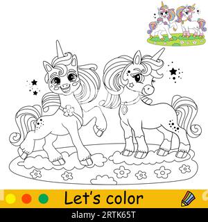 Dessin animé mignon deux amis licorne dans une prairie fleurie. Page de livre de coloriage. Caractère licorne. Illustration isolée vectorielle noire, blanche avec coloré Illustration de Vecteur