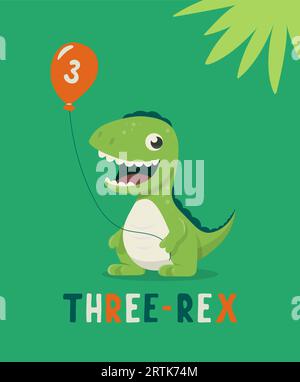 Dinosaure Tirannosaur trois Rex. Dessin animé Tirex. Carte d'anniversaire pour un enfant de trois ans. Motif vectoriel mignon et amusant dessin animé Dinosaur Illustration de Vecteur