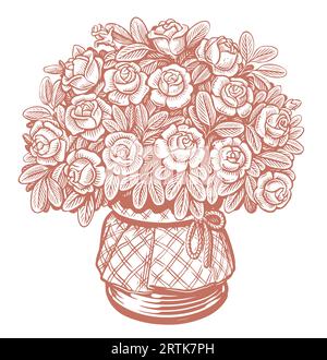 Roses avec des feuilles dans un pot. Bouquet de fleurs dans le style de gravure vintage. Illustration vectorielle d'esquisse Illustration de Vecteur